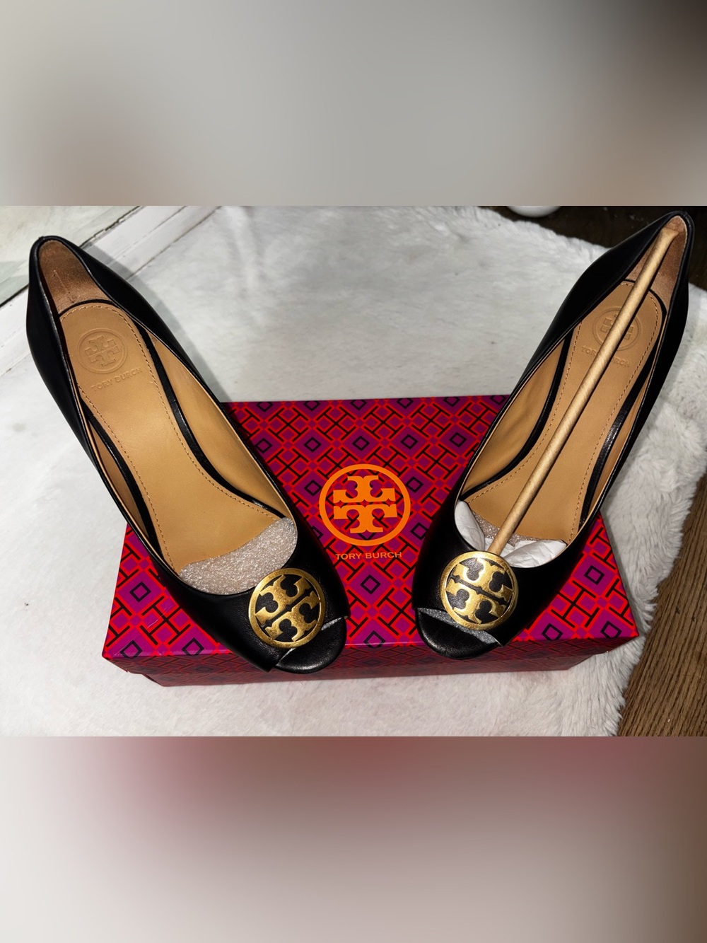 Tory Burch Black Leather Peep-Toe heels with Gold Logo Disc